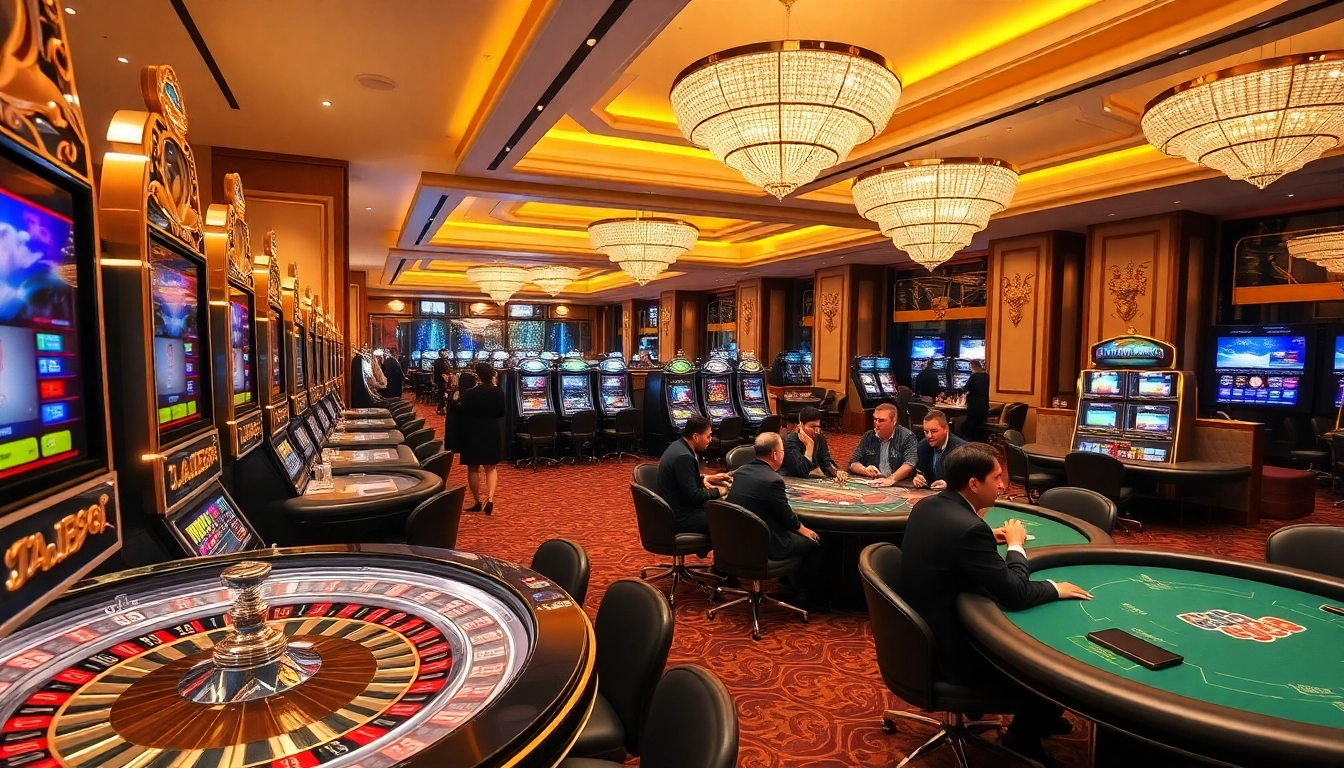 Experience the excitement of TT88 casino with players at poker tables and vibrant slot machines.