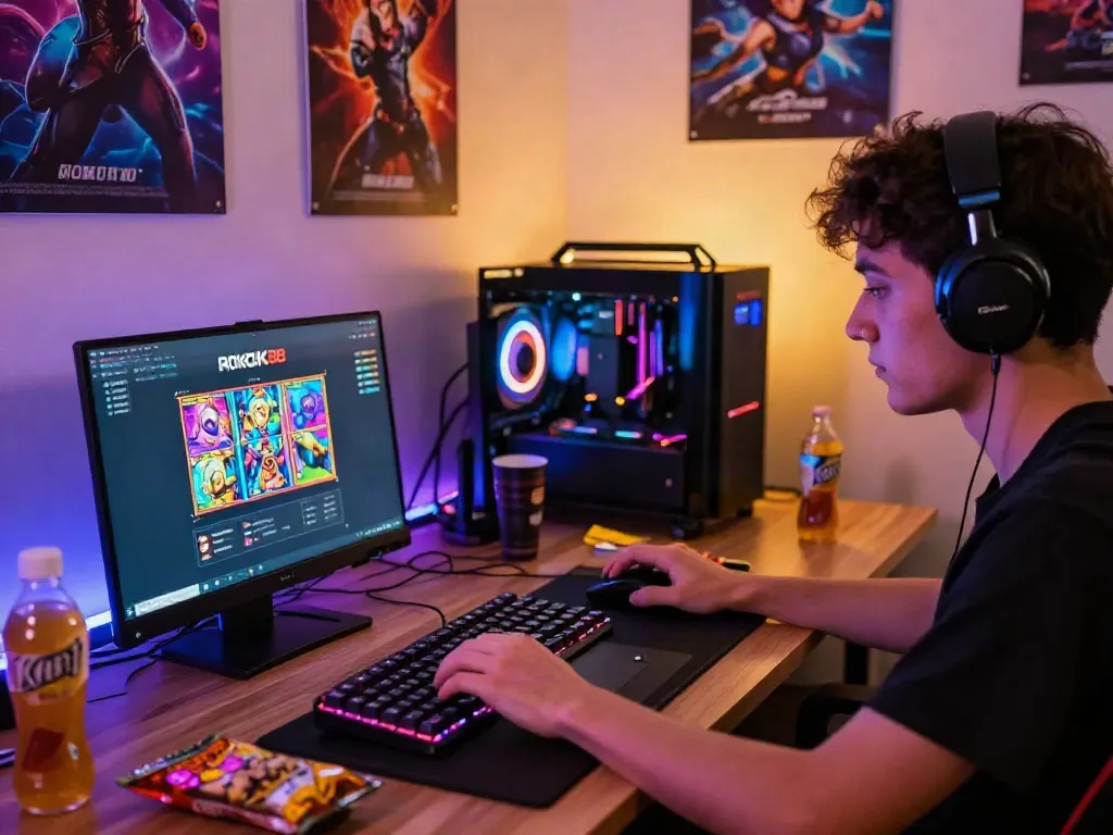 Engaged player experiencing rokok88 slot game on laptop with gaming setup.