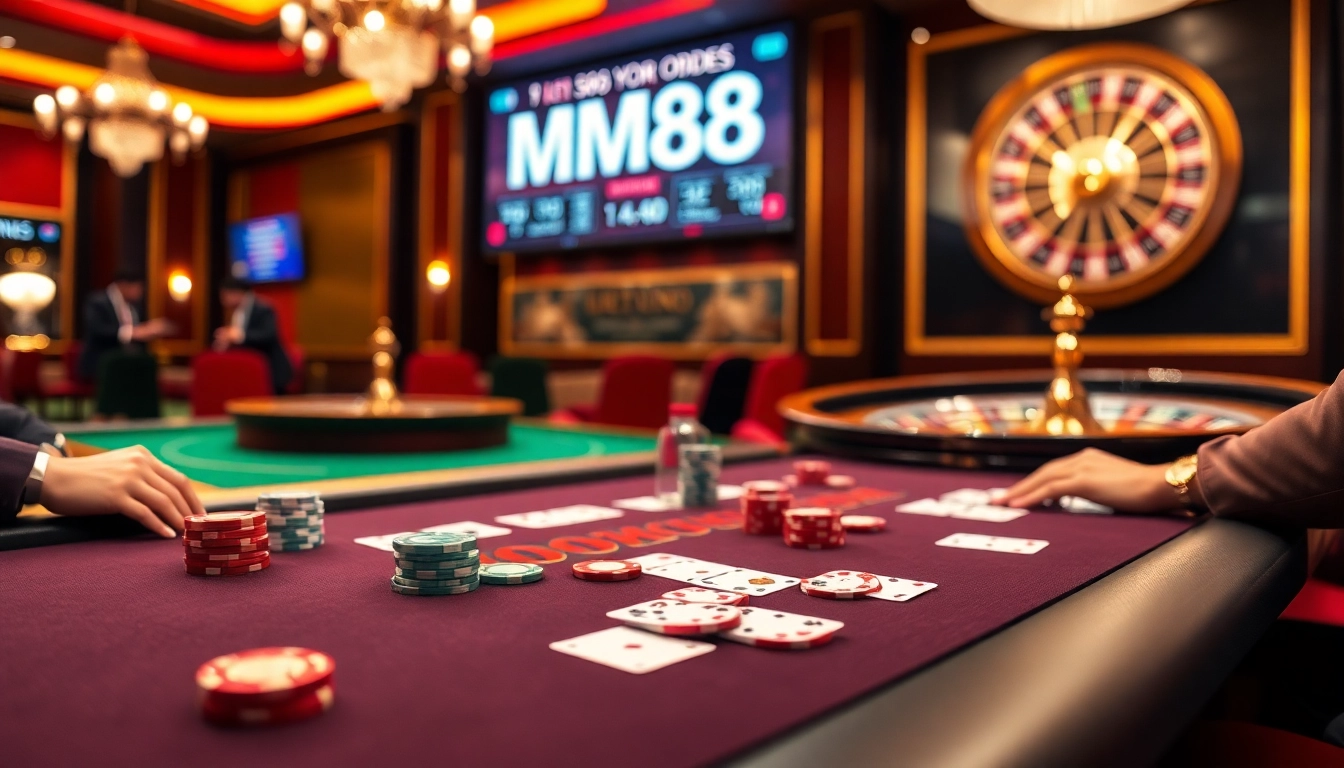 MM88 betting action at a vibrant casino table with chips and cards.