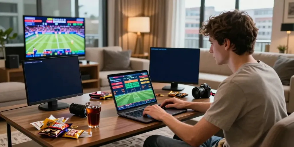 A young adult immersed in online betting with ZBET vua nhà cái displayed on the laptop screen.