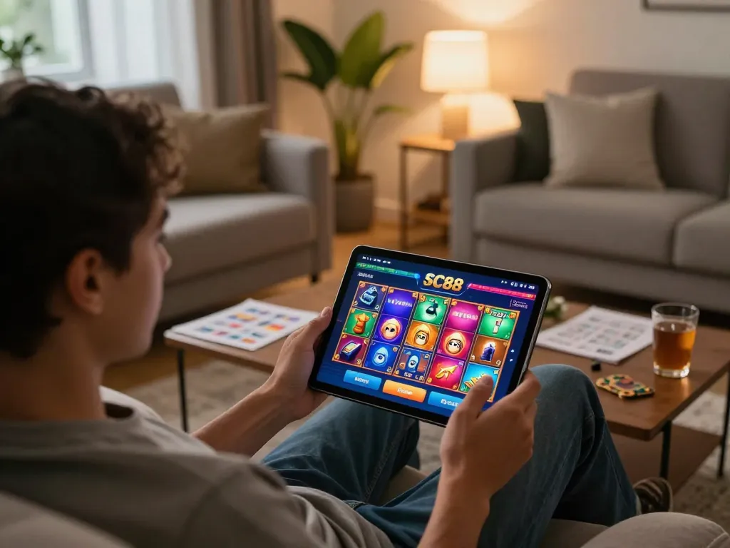 Engaging with the SC88 app on a tablet, showcasing the vibrant online gambling experience.