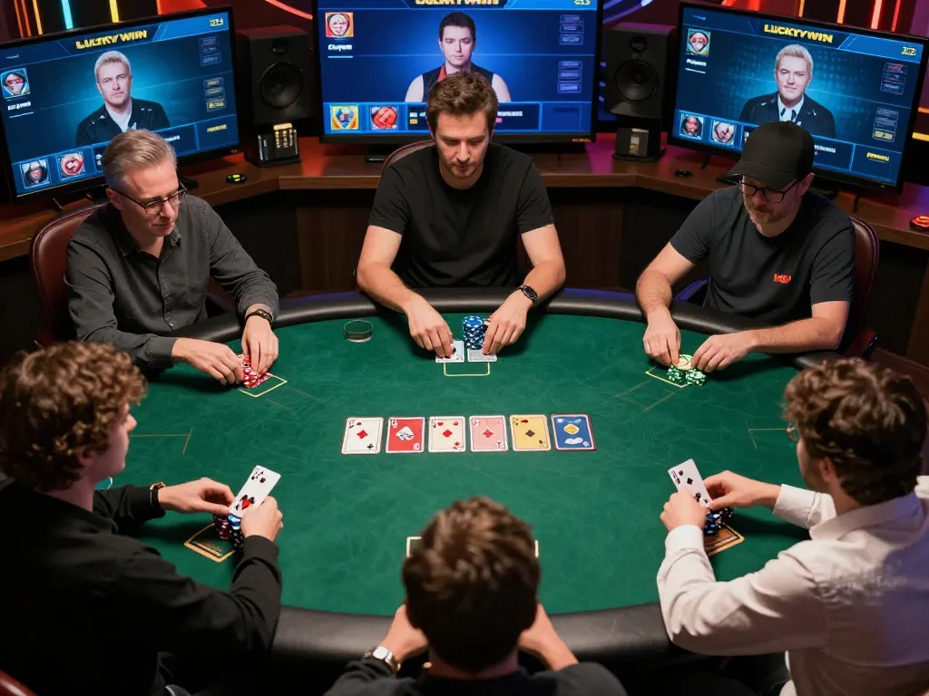 Players engage intensely in a virtual poker game at Luckywin, showcasing action and strategy.
