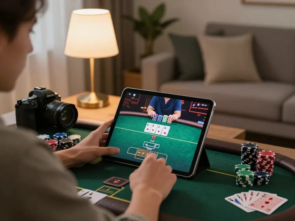 Player enjoying an online poker game at home with JUN88 tablet interface and cozy atmosphere