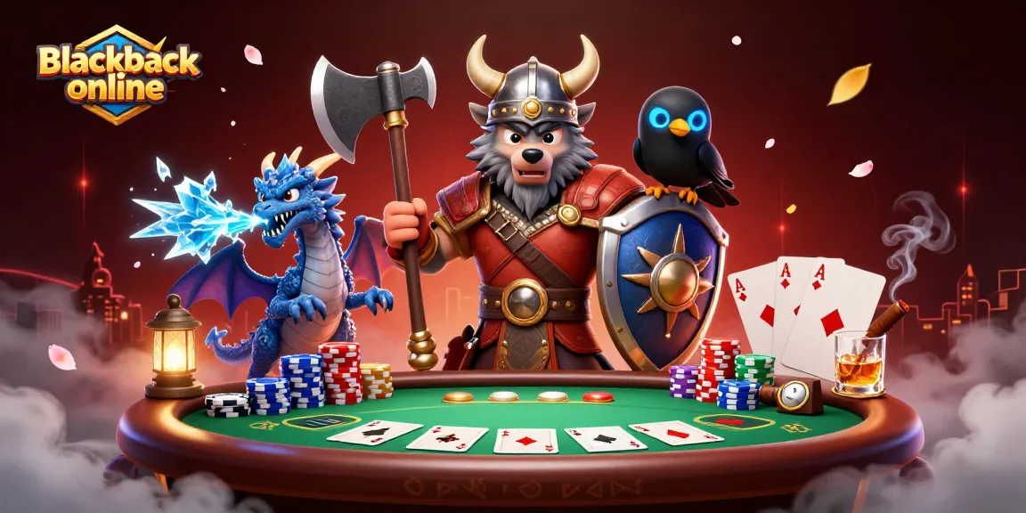 Engage in blackjack online with a vibrant scene of a Viking wolf warrior, dragon, and poker elements.
