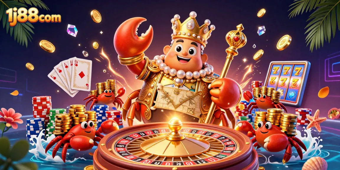 Experience the excitement with 1j88com's 3D casino scene featuring a golden crab emperor amidst vibrant gaming elements.