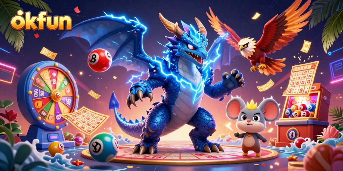 Engage with exciting games at okfun as colorful lottery elements surround dynamic characters in a vibrant casino scene.