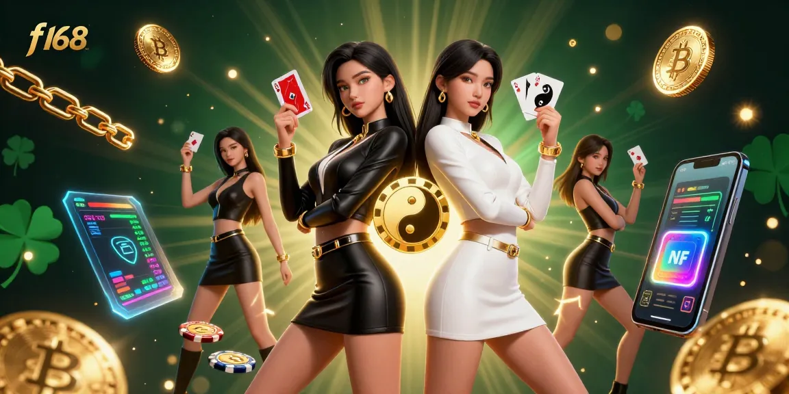 Engage in thrilling action at f168 with twin Asian women showcasing their poker skills amidst vibrant gambling elements.