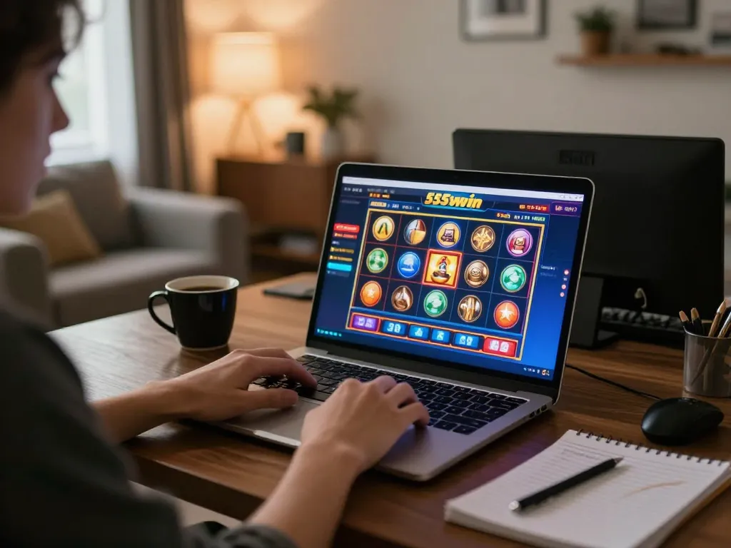 Engaging with vibrant 555win slots on a laptop in a cozy home setting.
