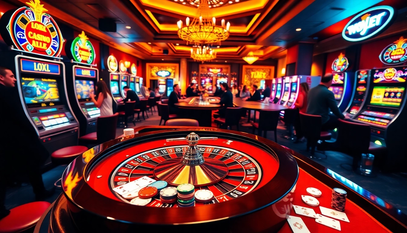 Exciting Bay789 gaming scene with vibrant casino tables, poker chips, and slot machines.