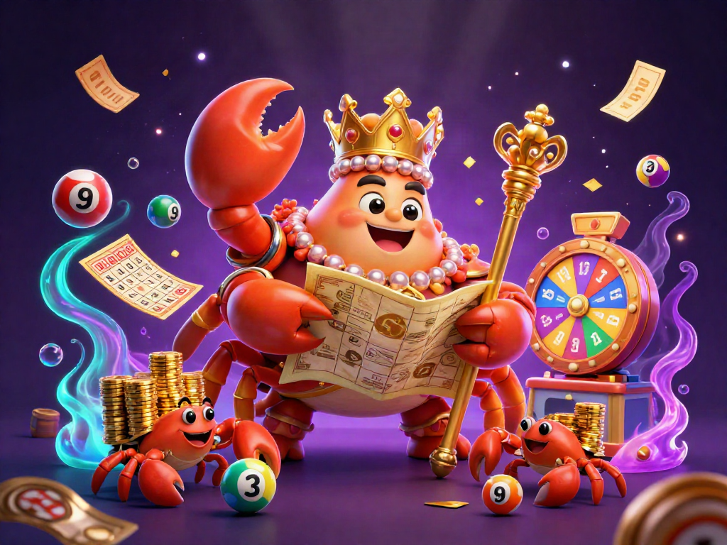 Engage with exciting gameplay at 78 win, featuring a vibrant 3D golden crab emperor and dynamic lottery elements.
