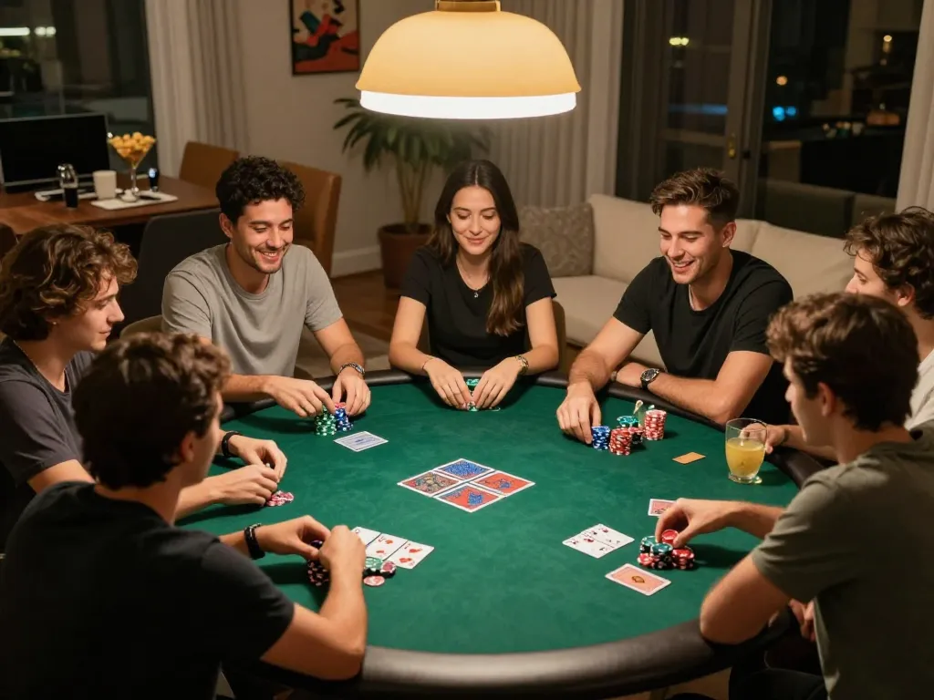 Luck8 players engaging in a friendly poker game with strategic moves and lively interactions