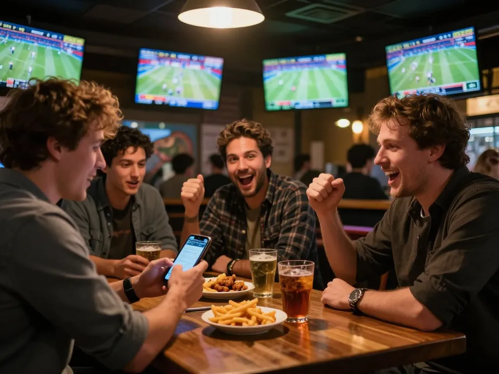 Placing bets on sports with excitement at 789win, showcasing a lively atmosphere with screens and drinks