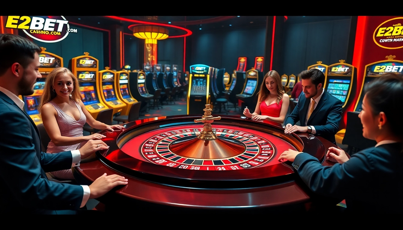 Thrilling roulette gameplay at E2BET. com showcasing luxury and excitement in a vibrant casino scene.