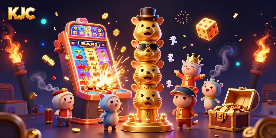 KJC brings vibrant casino excitement with a dynamic jackpot scene featuring colorful slot elements and animated characters.