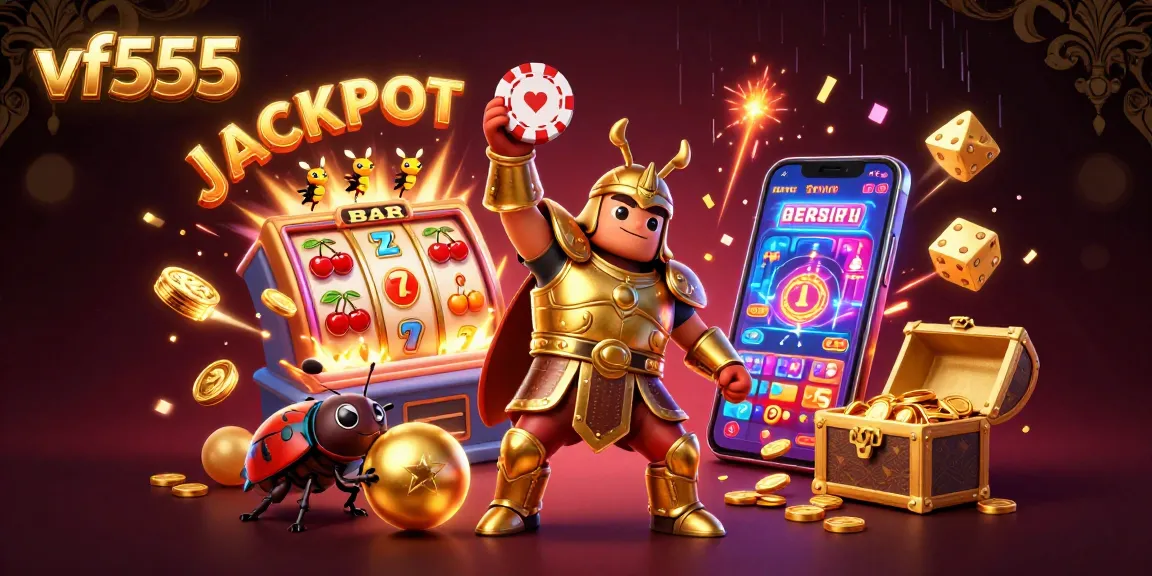 Experience vf555 as a cartoon Hercules beetle celebrates a jackpot, showcasing vibrant casino action and excitement.