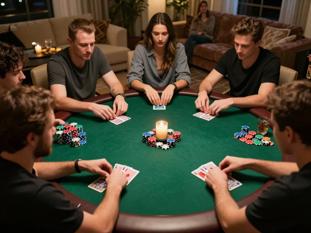 Fabet poker game in a cozy home setting with friends analyzing cards and enjoying drinks.