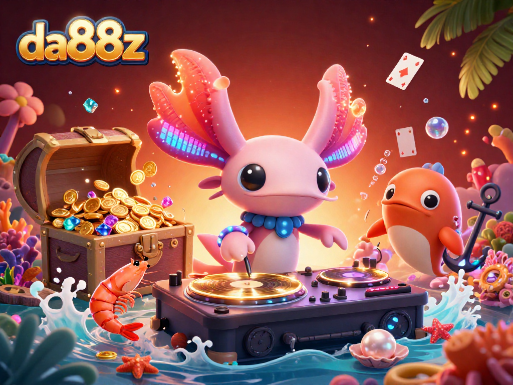 Engage with da88z's vibrant gaming atmosphere featuring a neon axolotl DJ amidst treasure and luminescent coral.