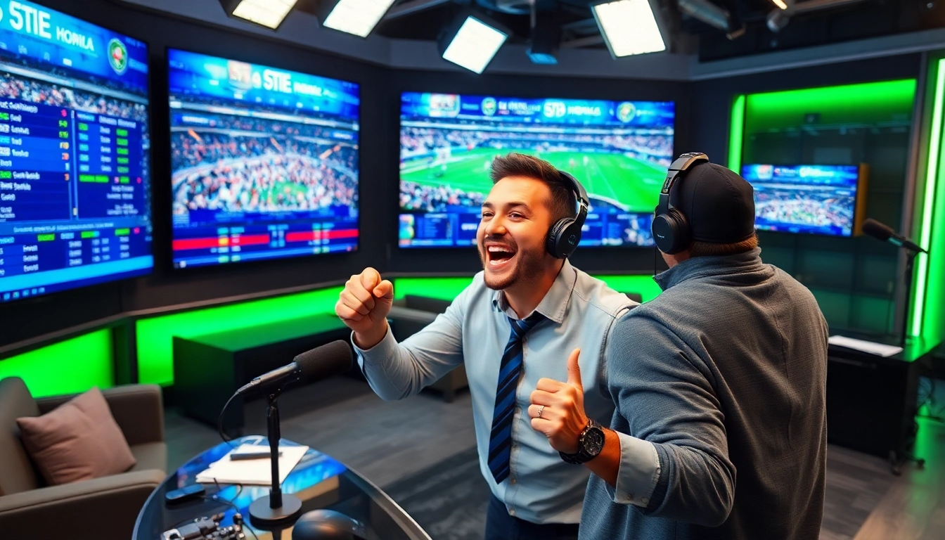 Engaging scene of sports broadcasting with a passionate host delivering updates in a modern studio setting.