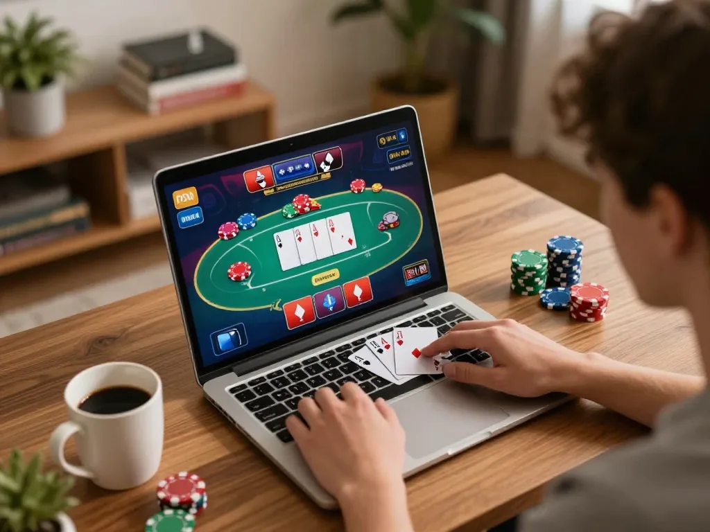 Player enjoying go88 online poker game on laptop, surrounded by warm home atmosphere and strategic notes.