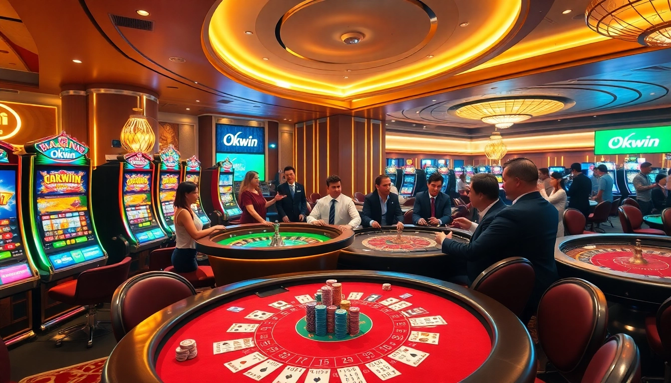 Experience the thrill at Okwin's casino with vibrant gaming tables and excited players.