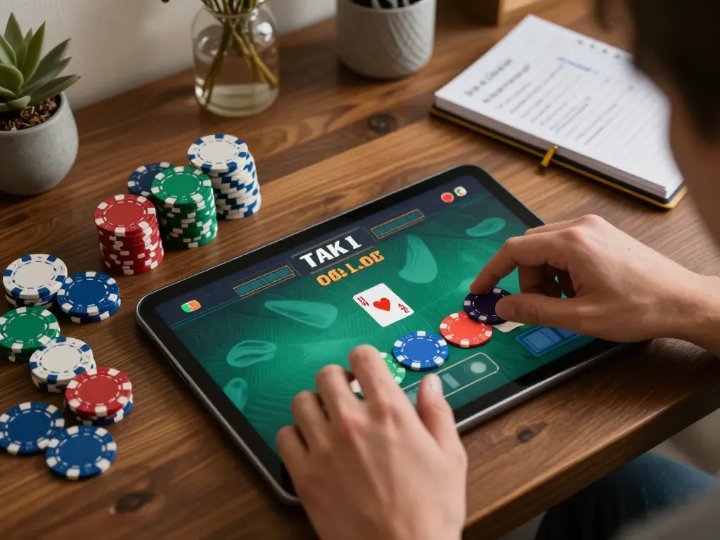 123WIN player strategically betting during a home poker session with warm lighting and cozy decor.