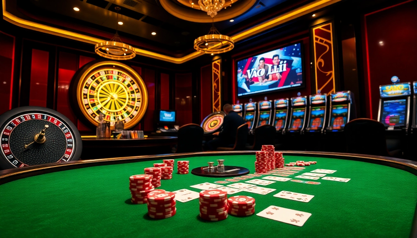 Experience the thrill of Vào Lưới TV with a luxurious poker game set in a vibrant casino.