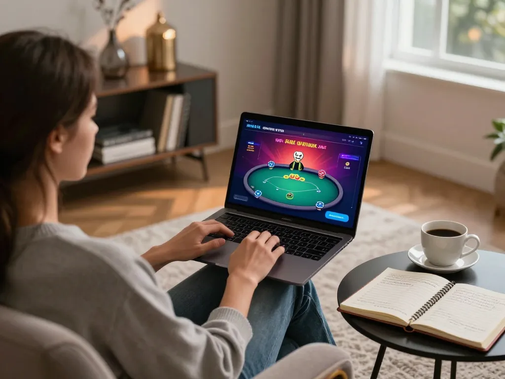 Engaging online poker session at home using vipwin platform with laptop and strategy notes.