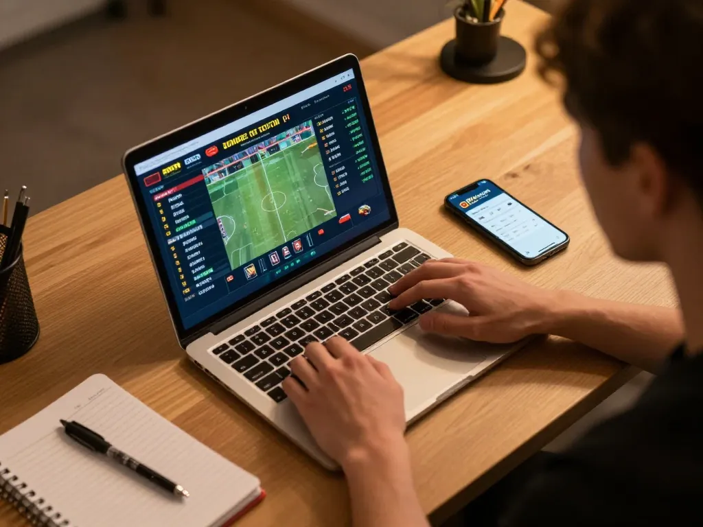 Engaging in sports betting on 8kbetcom with laptop and smartphone during a cozy evening at home.