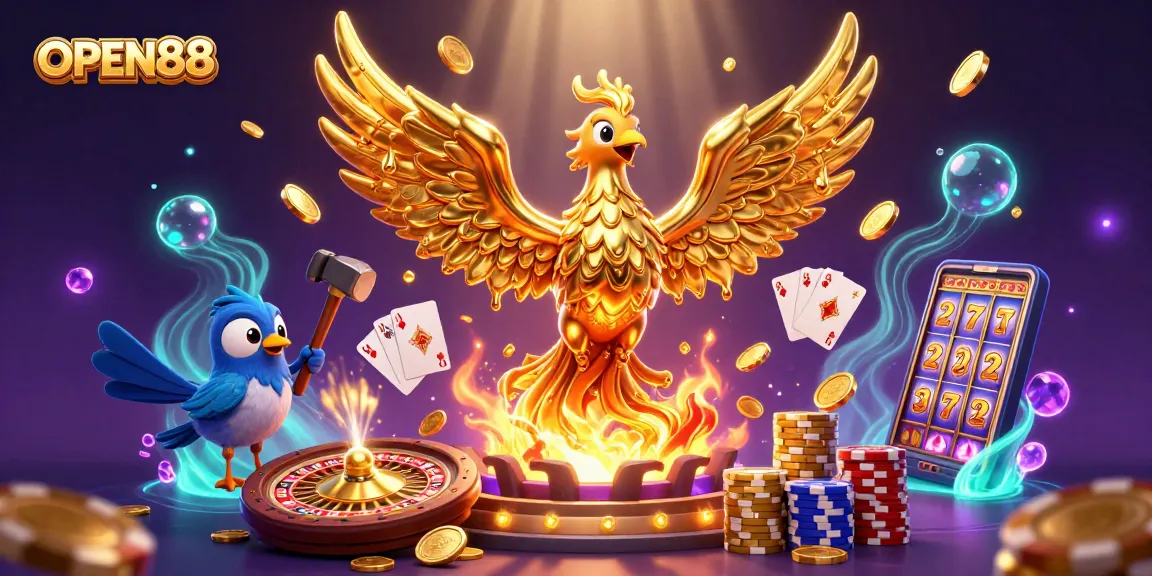 Play lucrative casino games at OPEN88 with a golden phoenix emerging from molten gold and dynamic gambling elements.