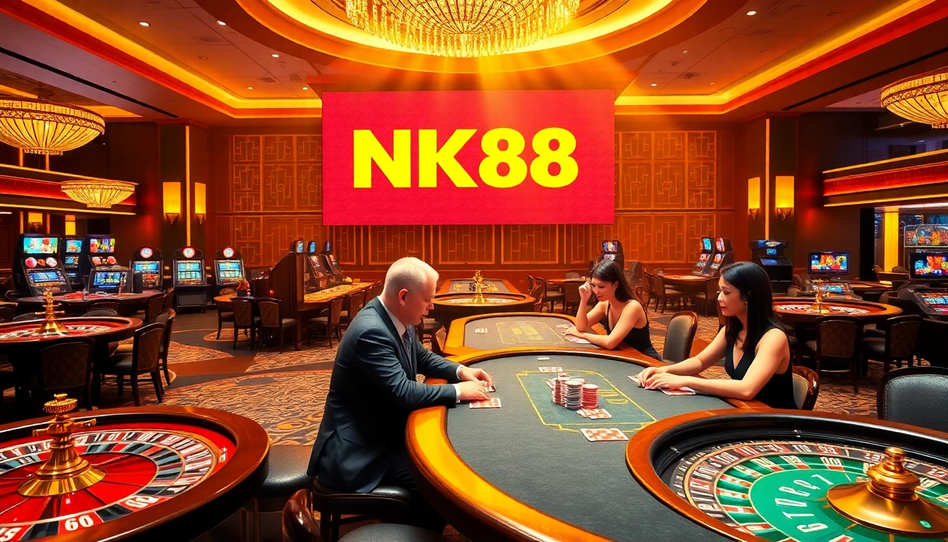 Engaging NK88 casino scene with poker tables and luxury players enjoying high-stakes games.