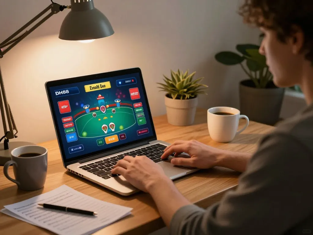 Player engaging with DH88 platform on laptop, showcasing responsible online gambling at home
