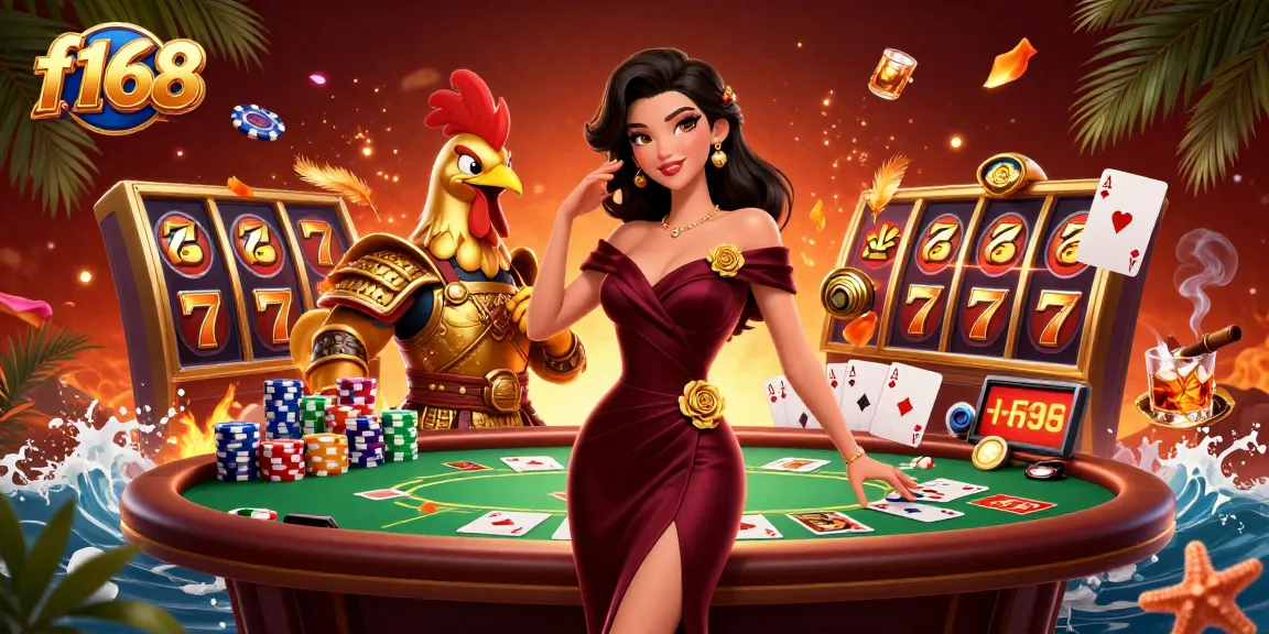 Experience thrilling gameplay at f168 with dynamic slot reels, vibrant poker game elements, and immersive atmosphere.