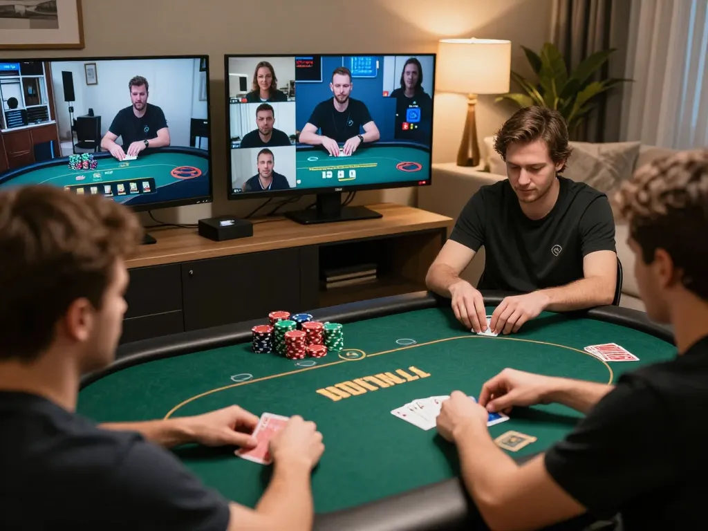 33win players engaging in an online poker game with professional dealers in a cozy home setting