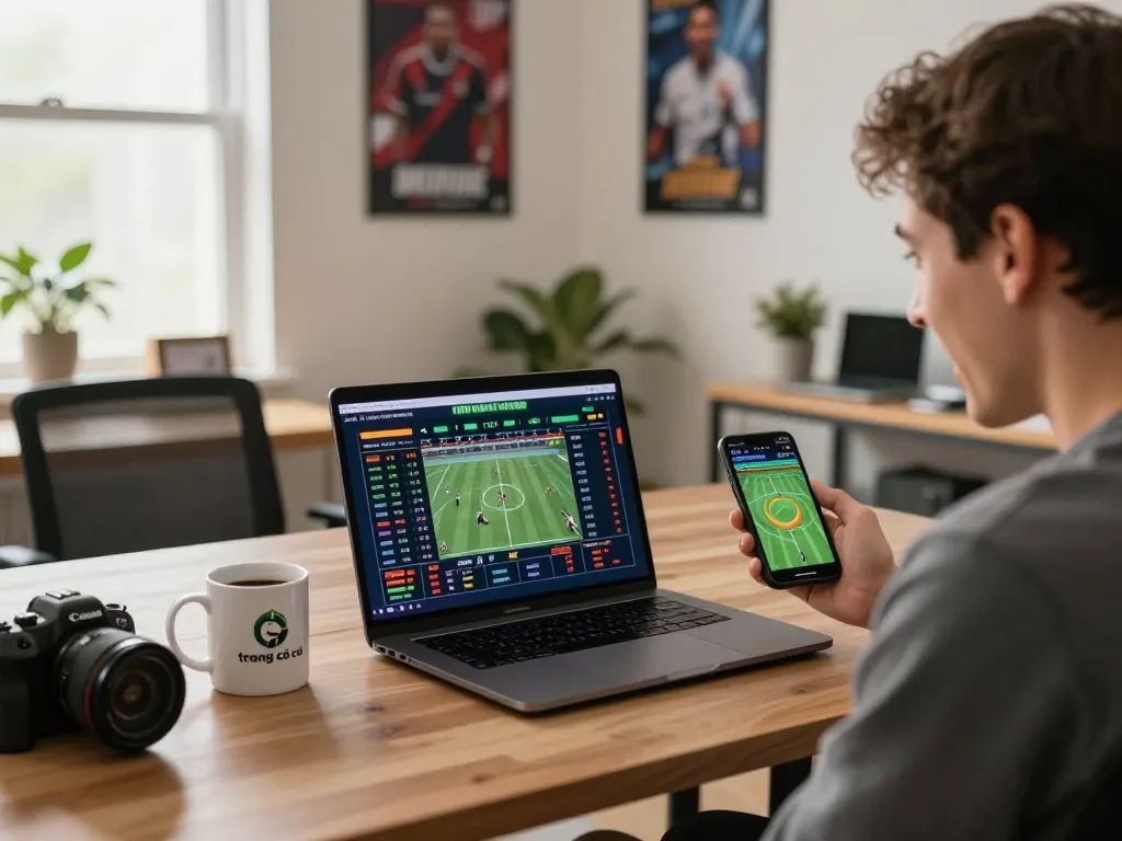 Person using trang cá cược bóng đá platform on laptop with live betting displayed, creating an engaging online gaming atmosphere.