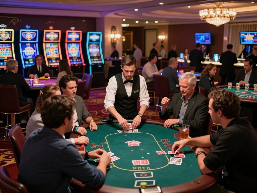 Players engaging in high-stakes poker with visible chips and cards at 33win's luxurious casino floor.