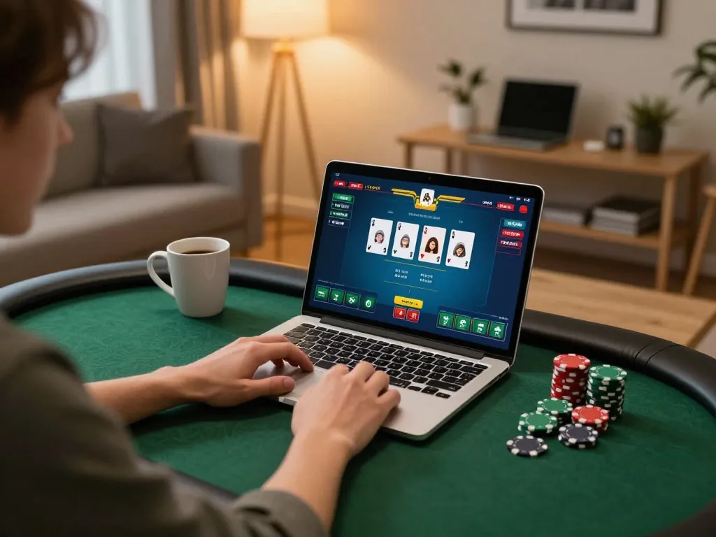 Nohu enhances online poker strategy with a player engaged in gameplay at a stylish home office.
