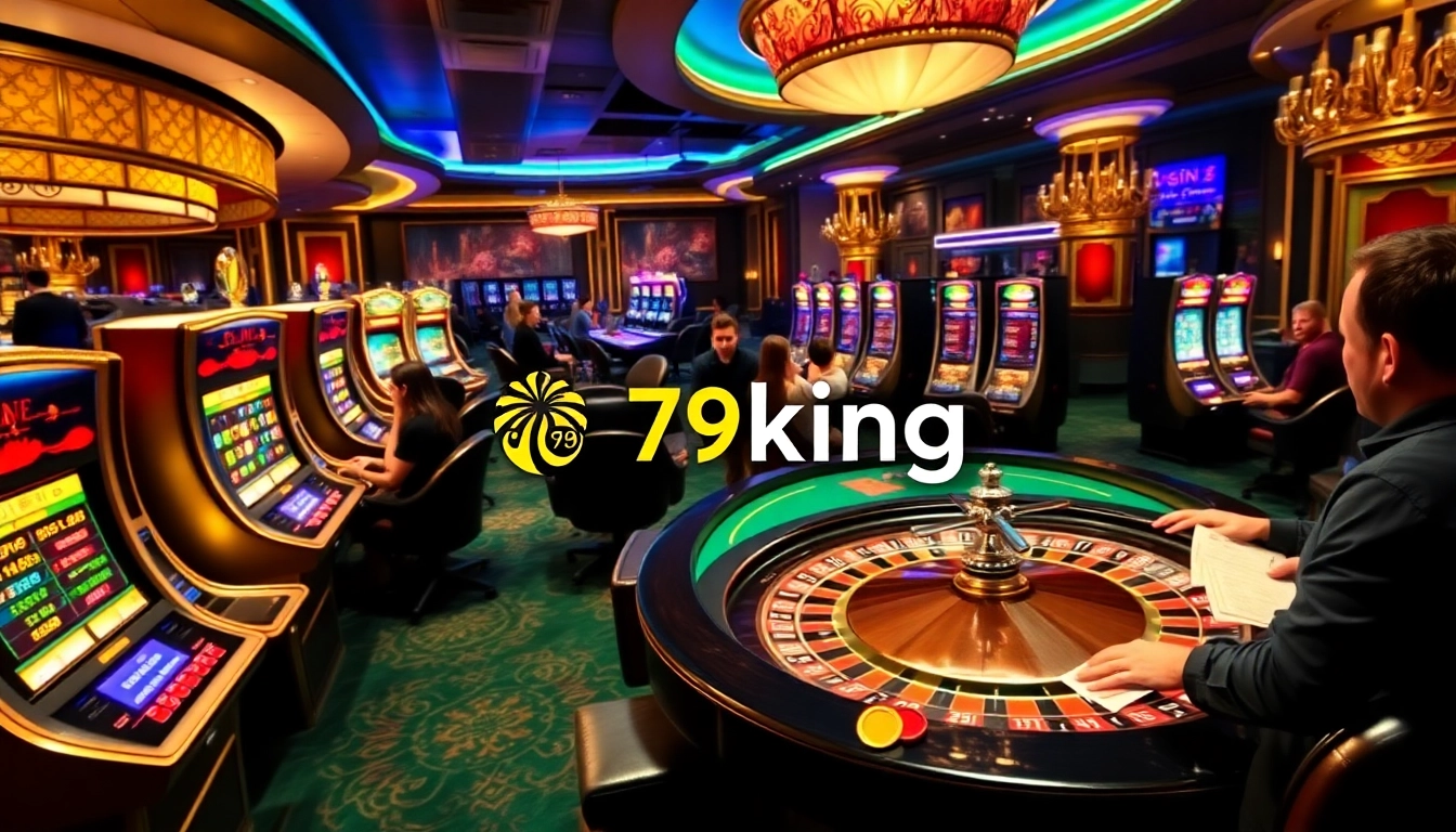 The excitement of players at the 79king casino, engaging with slot machines and a roulette wheel.