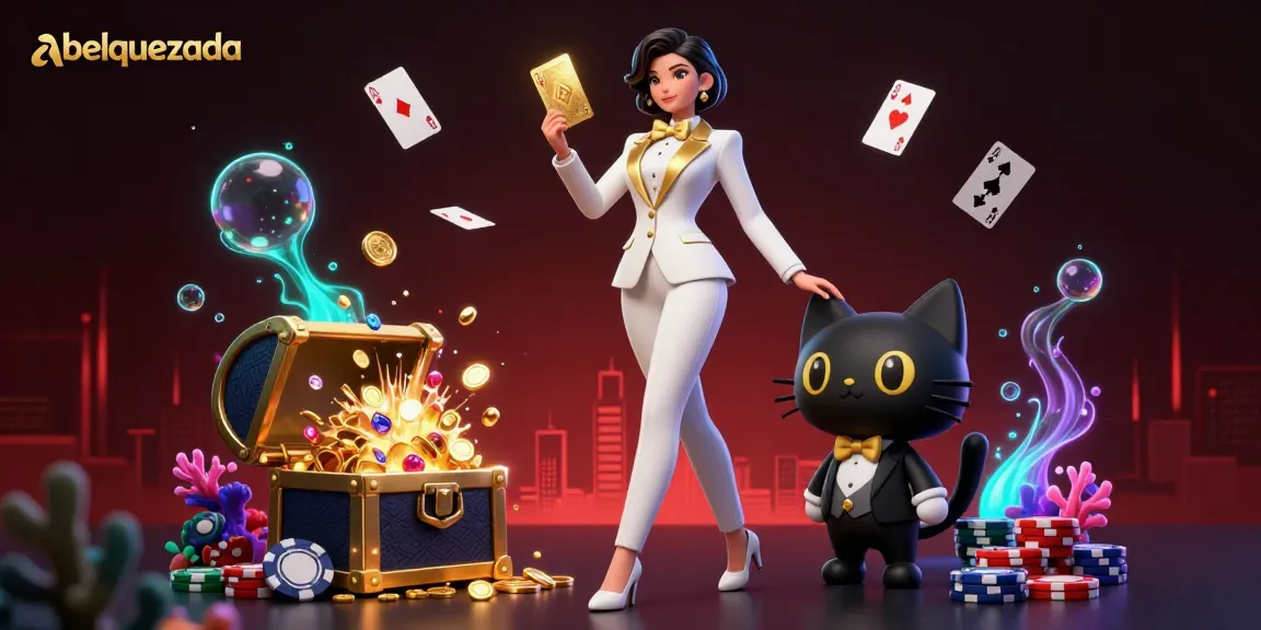 A glamorous woman interacts with a golden deck of cards in a vibrant casino scene, showcasing abelquezada brand elements.
