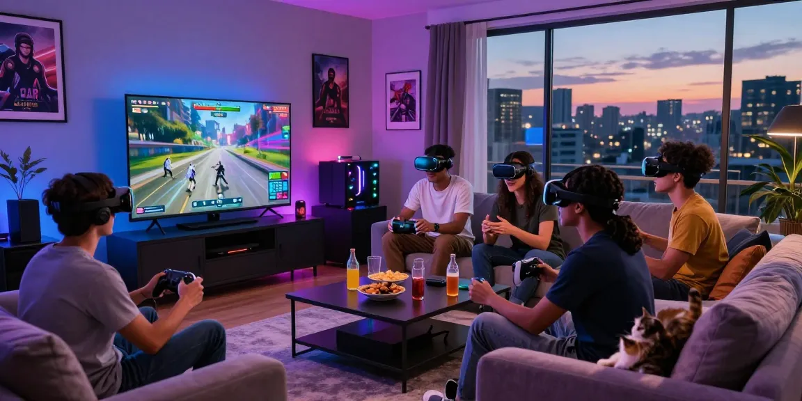 Friends enjoying a competitive gaming session with XN888 in a cozy living room filled with snacks and LED lights.
