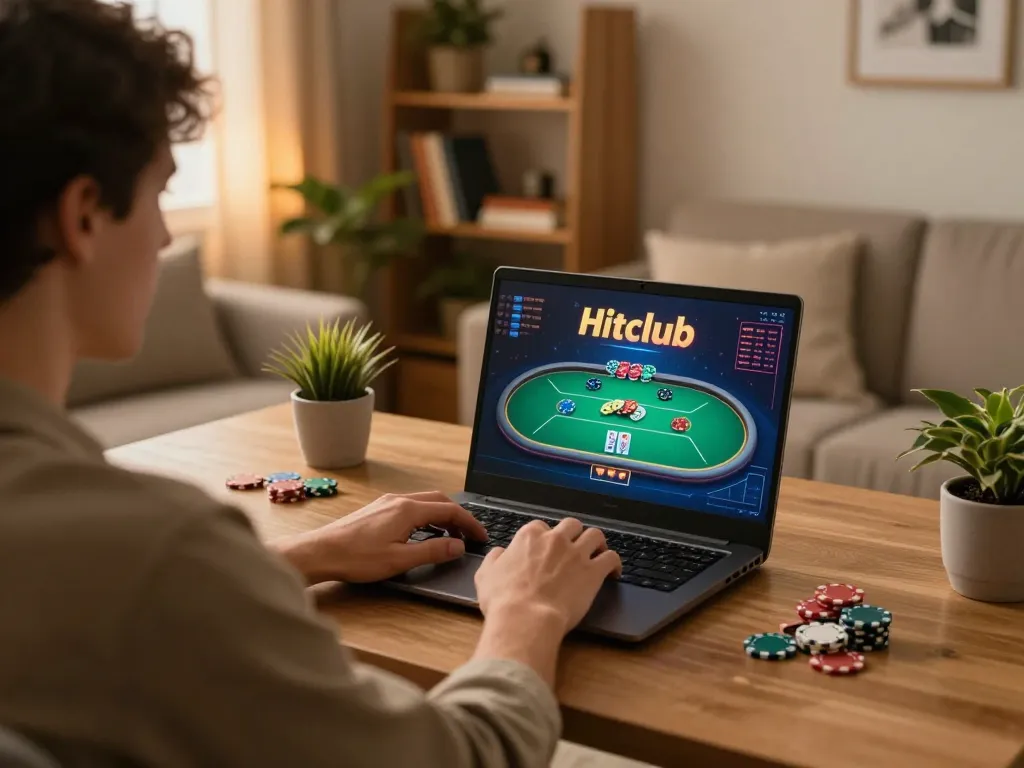 Engaging user playing poker on Hitclub using a laptop in a cozy home office setting