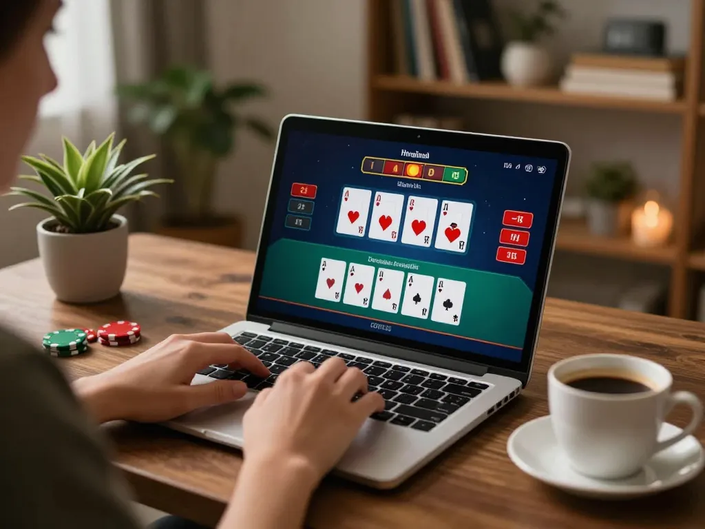 Fun79 blackjack game in a cozy home with warm lighting and engaged player.