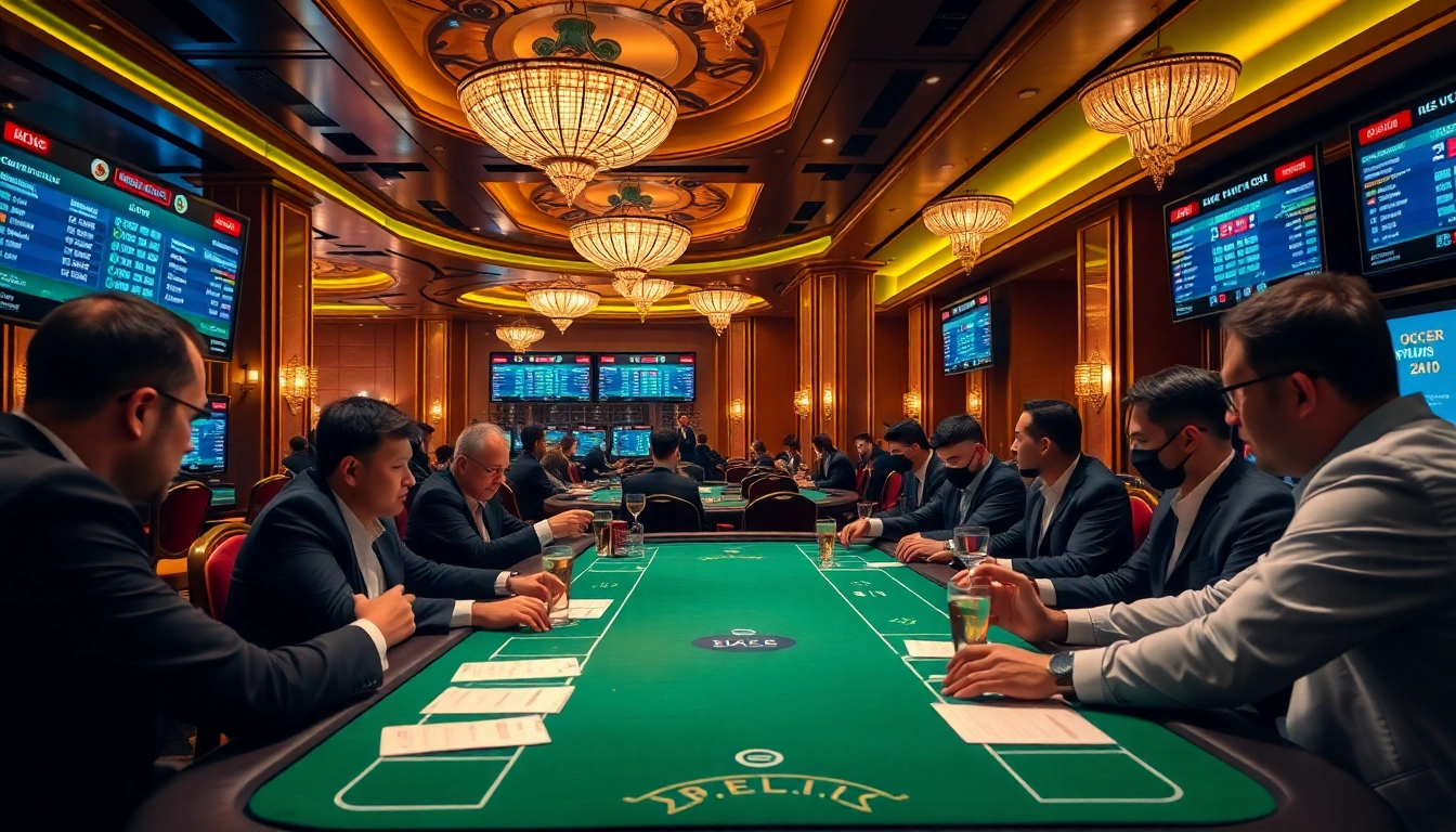 Engaging scene of players analyzing keo nha cai 5 bets in a luxurious sportsbook setting.