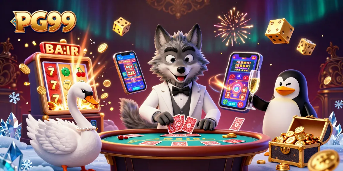 Immerse in PG99's vibrant world with a debonair wolf, elegant swan, and classy penguin at an exciting baccarat table.
