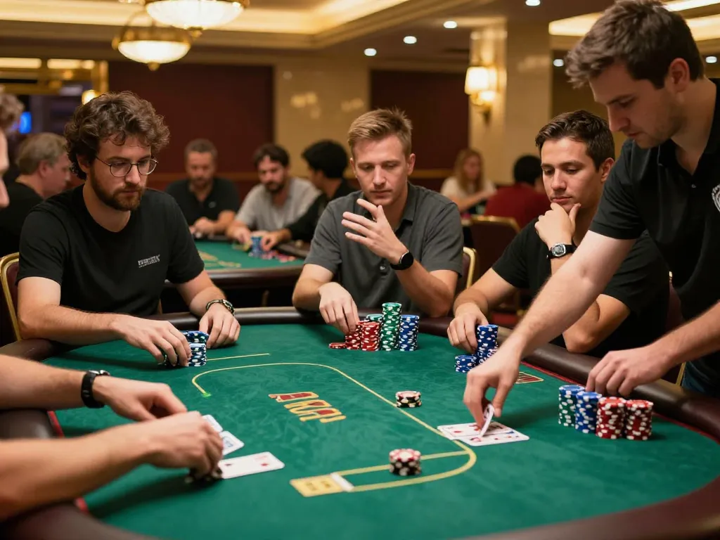 Players enjoying strategic poker gameplay at nk88 casino table, showcasing high stakes and excitement.