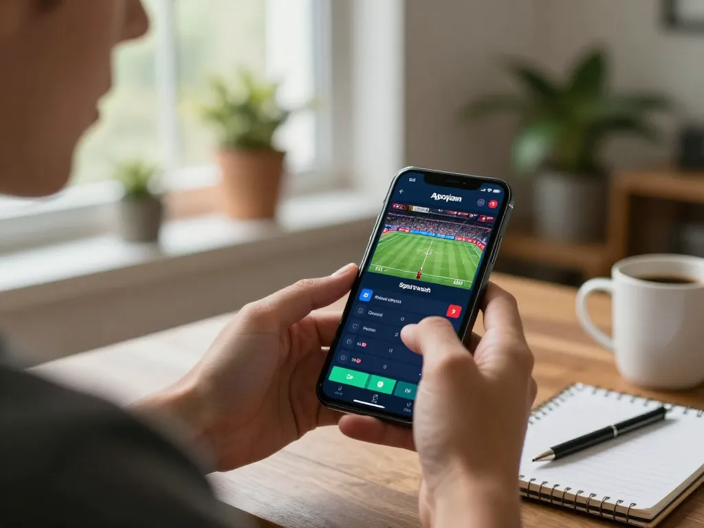 Player engaging in sports betting using mb668 app on smartphone, surrounded by cozy home elements.