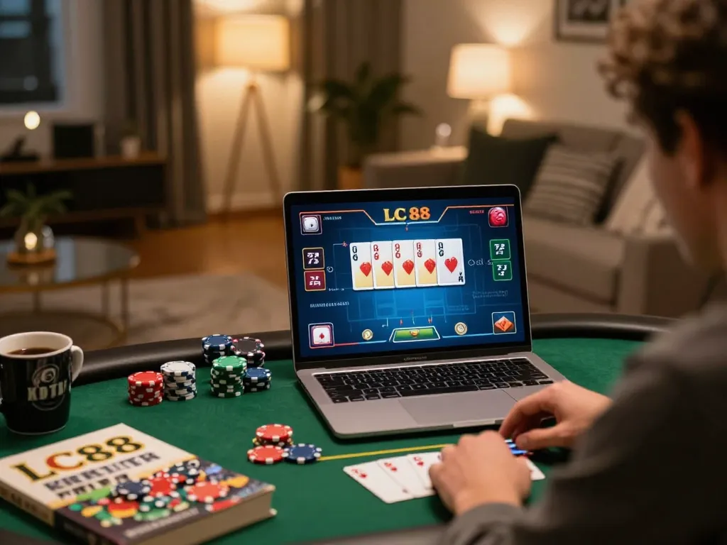 Player engaging in online poker gameplay on laptop showcasing LC 88 strategies in a cozy home setting.
