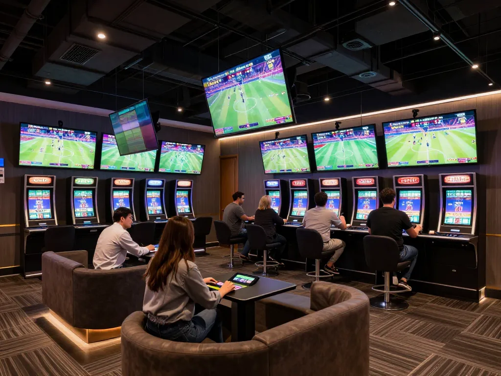 SIN88 sports bettors engaging with live games displays in a modern betting area, highlighting mix of technology and excitement