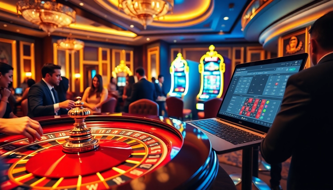 Experience the excitement of sure win gambling with a vibrant casino scene showcasing roulette and slot machines.