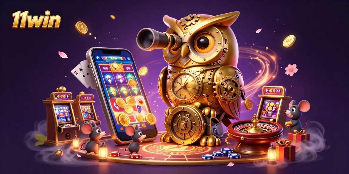 Engaging 11win casino illustration with a clockwork owl and dynamic gaming elements.