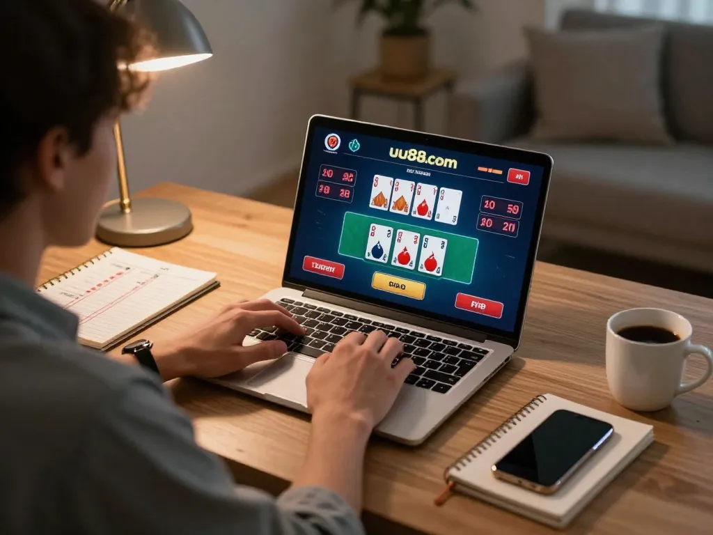 Player placing bets on uu88com's live dealer blackjack interface in a cozy home office.